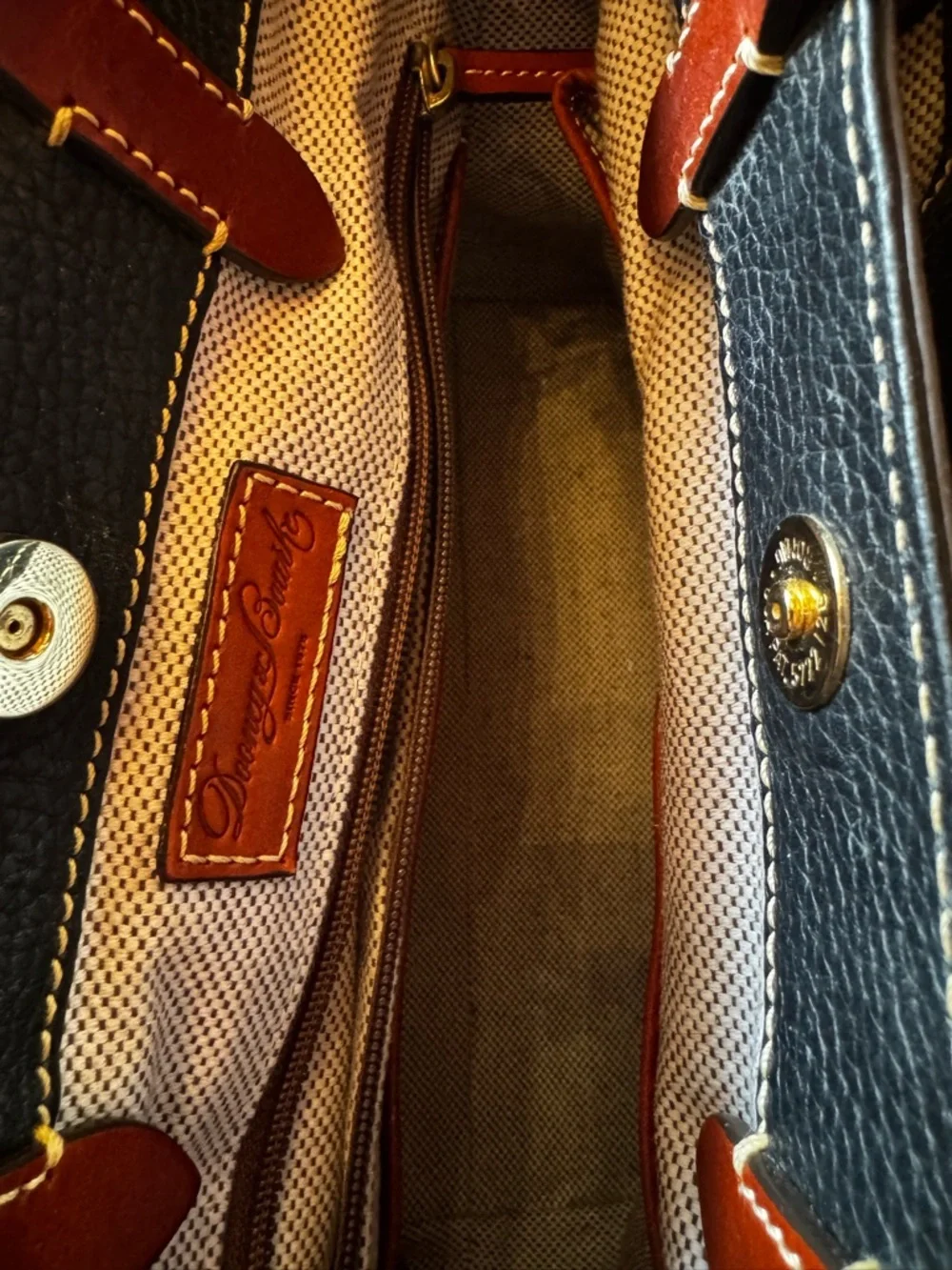 Dooney & Bourke Black Leather Tote with Brown Trim and Handles - Picture 8 of 10